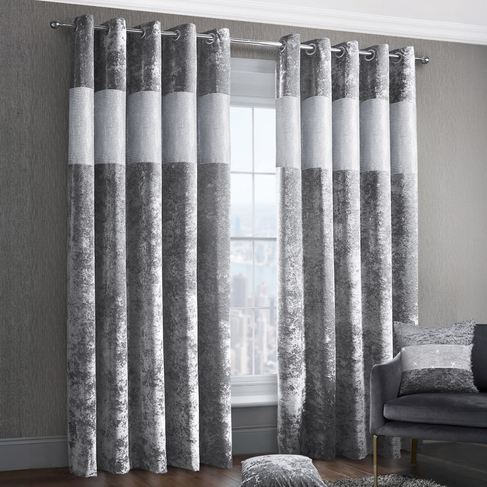 Intimates Silver Crushed Velvet Diamante Fully Lined Ring Top Curtains 117 x 137cm Image 1