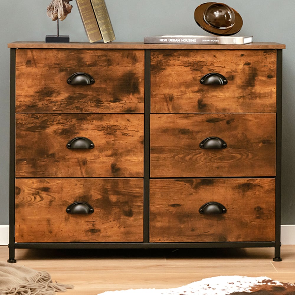 Costway 6 Drawer Rustic Brown Chest of Drawers Image 1