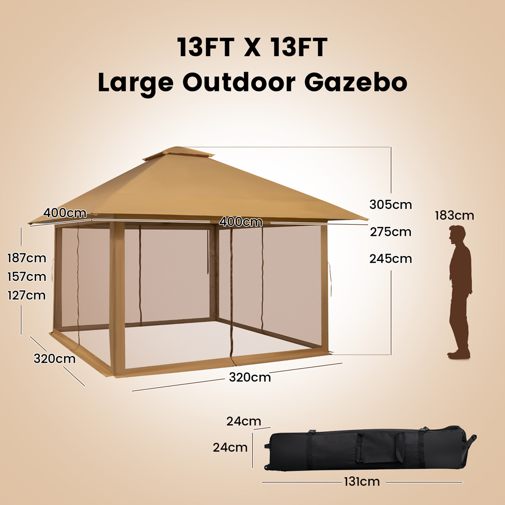 Costway 4 x 4m Brown Pop Up Gazebo with Mesh Sidewalls Image 9