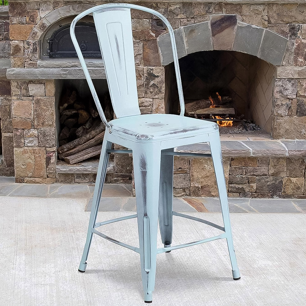 FWStyle Antique Pastel Blue Steel Bar Stools Set of 4 Image 1