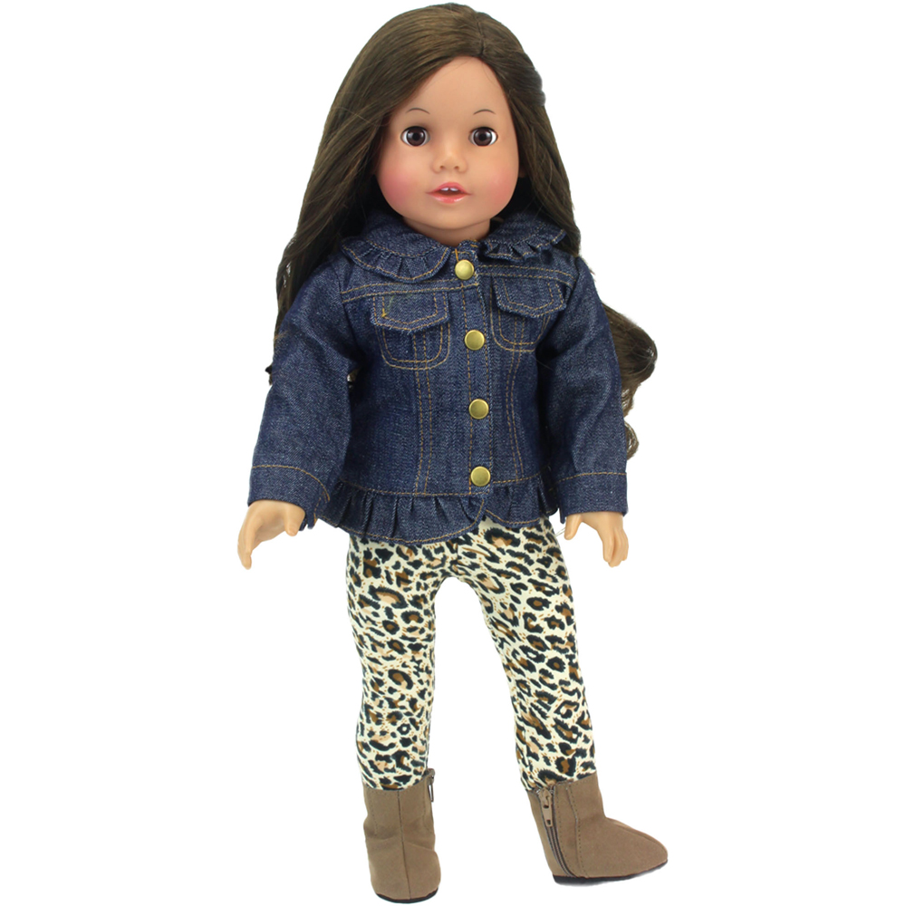 Teamson Kids Sophia's Blue Denim Jacket Animal Print Leggings and Brown Boots Doll Outfit Set Image 4