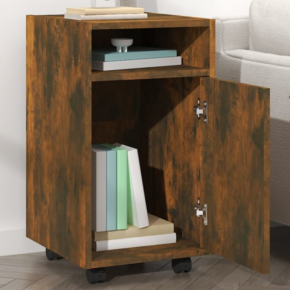 vidaXL Single Door Single Shelf Smoked Oak Rolling Side Cabinet Image 1