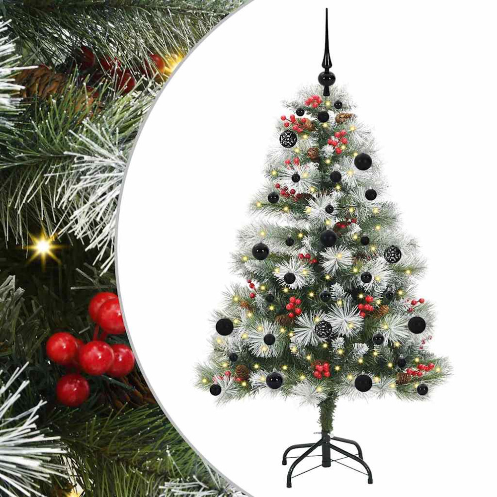 vidaXL Pre-Lit Black Baubles Green Artificial Snow Flocked Christmas Tree 5ft Image 2