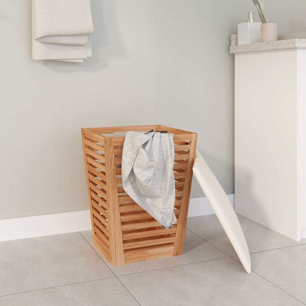 vidaXL Brown Walnut Wood Slatted Tall Laundry Storage Bathroom Stool with Cushion Image 2