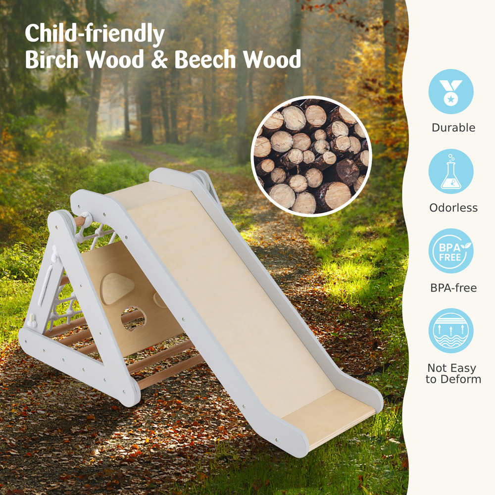 Costway 4 in 1 Grey Wooden Triangle Toddler Climber with Ramp Image 5