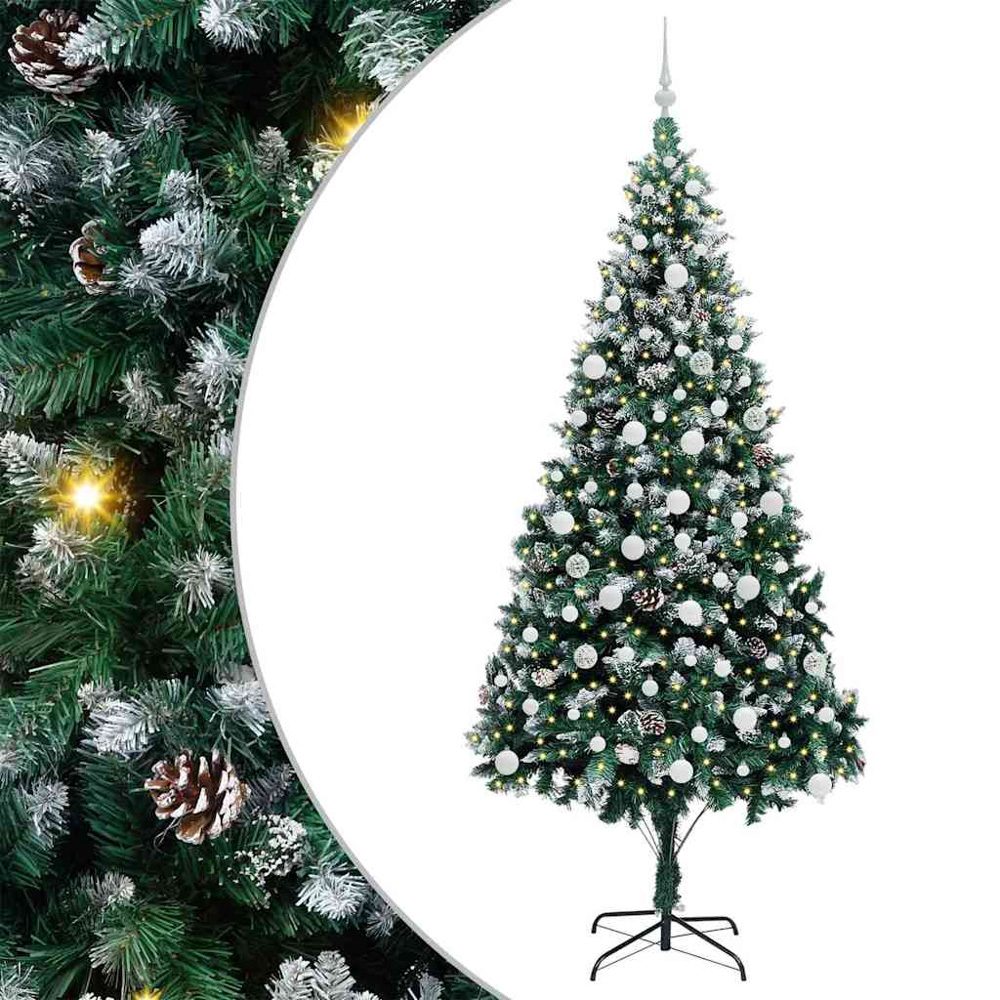 vidaXL Pre-Lit White Baubles Green Artificial Christmas Tree 7ft Image 2