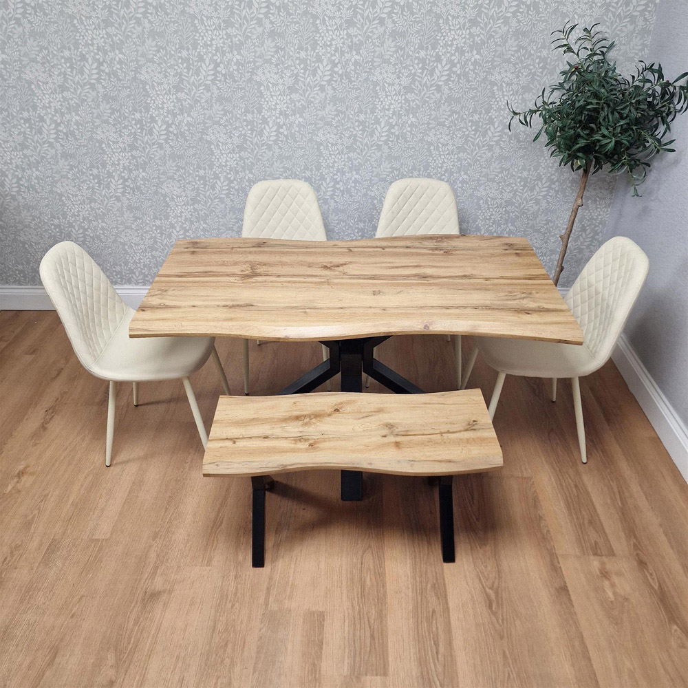 Portland 6 Seater Gem Pattern Wooden Tabletop Dining Bench Set Cream Image 3