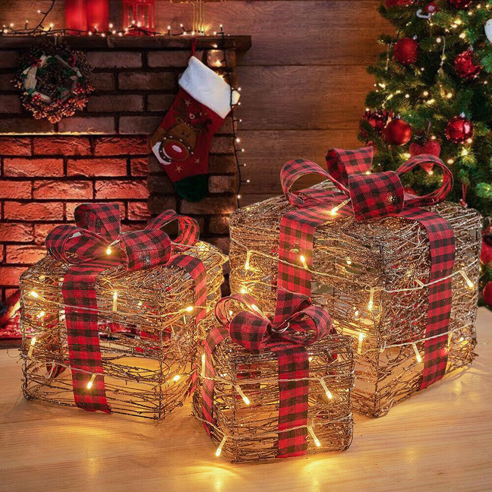 Shatchi Set of 3 Warm White LED Tartan Bow Rattan Parcels Image 2