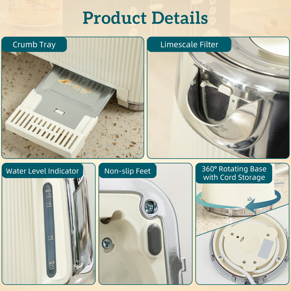 HOMCOM 800-266V70CW Cream 1.7L Rapid Boil Kettle 3000W and 4 Slice Toaster Set Image 3