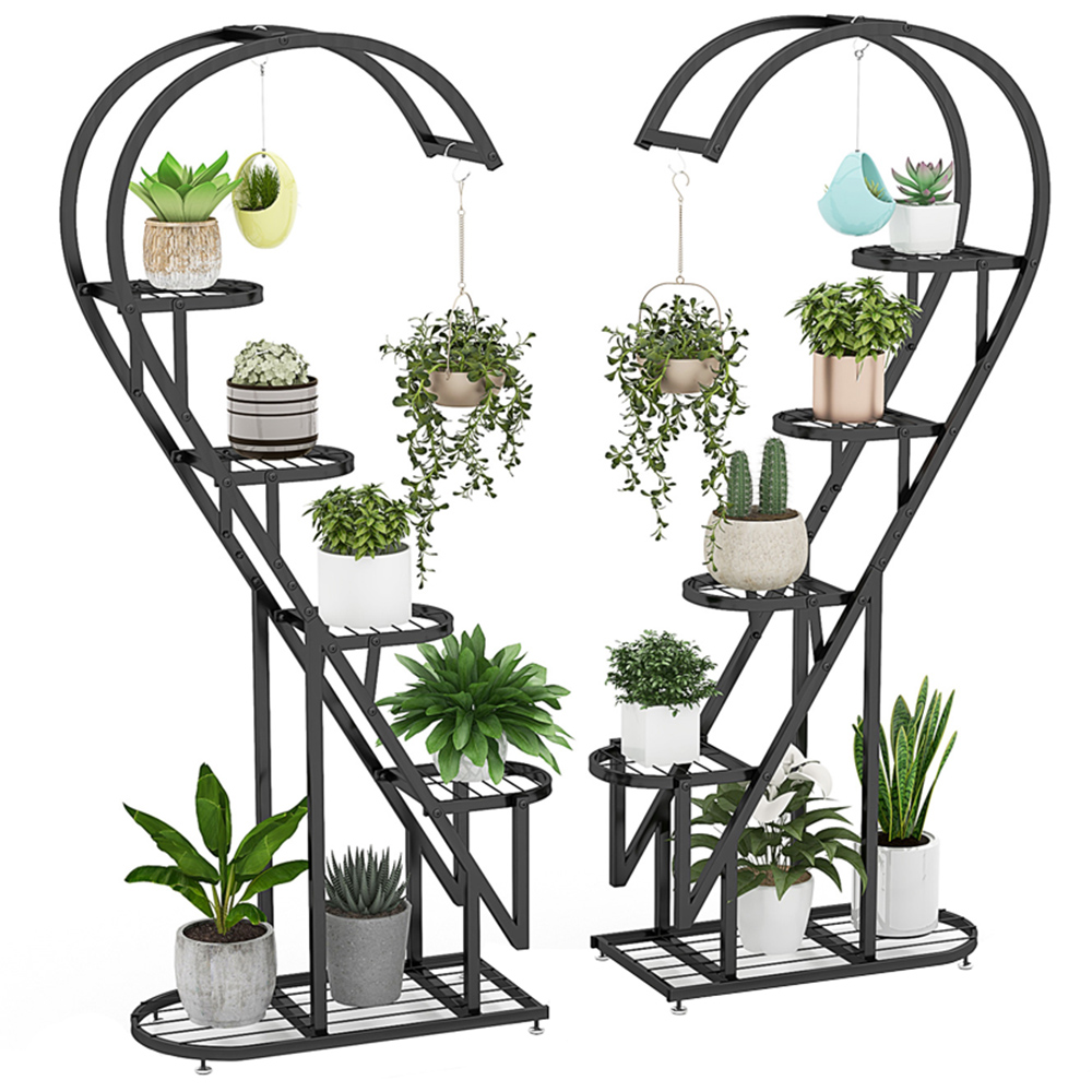 Costway Black Metal Plant Stand with Hanging Hooks Image 1