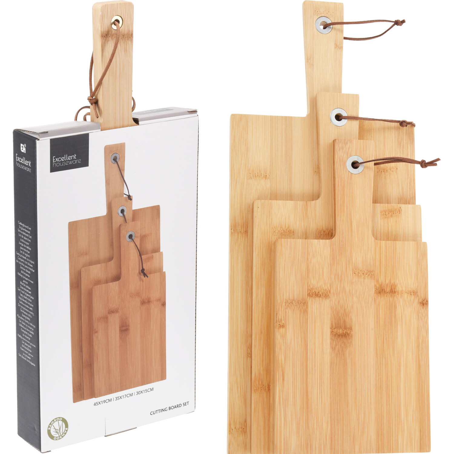 Set of 3 Bamboo Cutting Boards with Leather Rope Natural Image 3