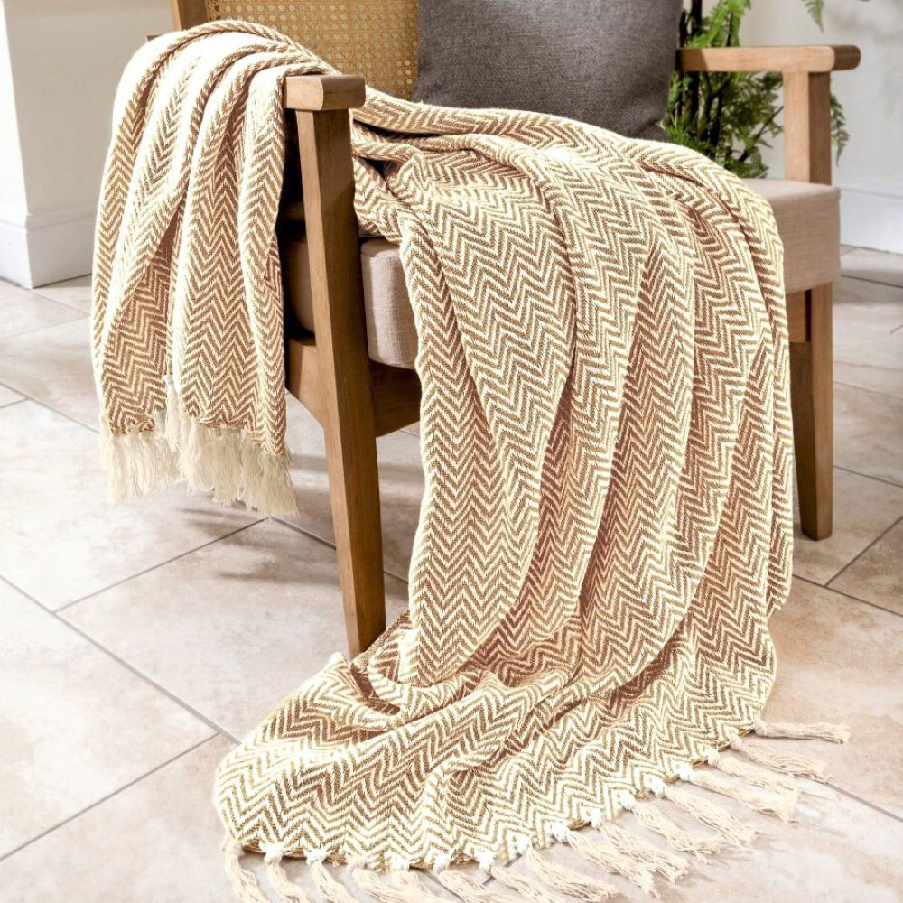 Allure Home Fashions Audley Beige Cotton Chevron Herringbone Throw 125 x 150cm Image 2