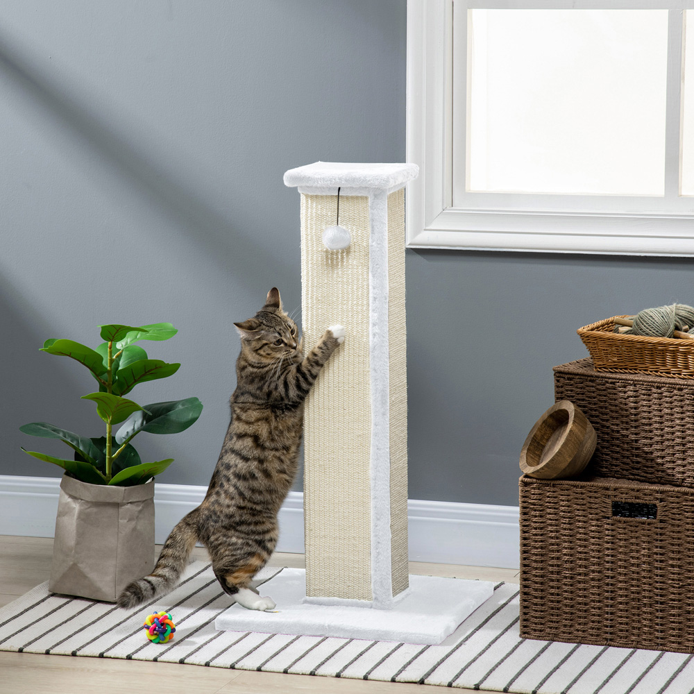 PawHut White Vertical Sisal Rope Ball Plush Cat Scratching Post 81cm Image 2