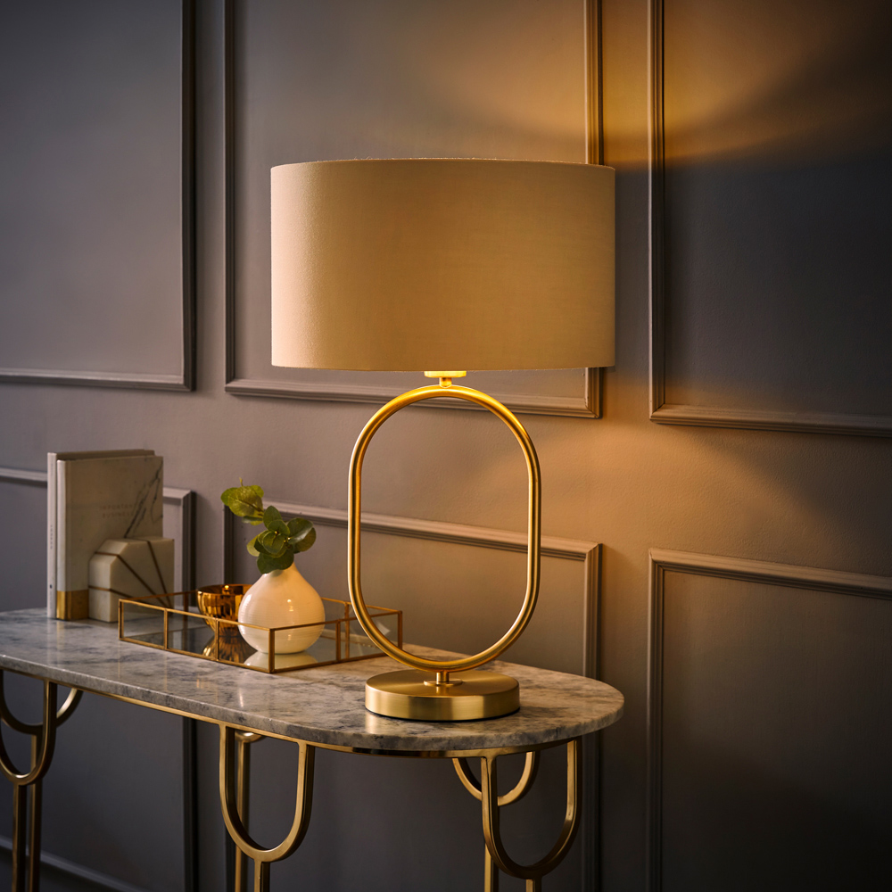 ValueLights Antonia Beige with Gold Inner Drum Shade Brushed Gold Oval LED Table Lamp Image 6