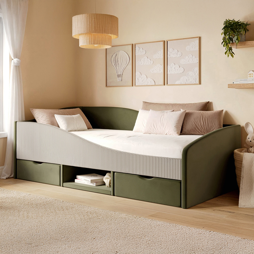 Flair Aubrey Olive Green and Beige Velvet and Cord Low Sleeper Bed with Storage Image 1