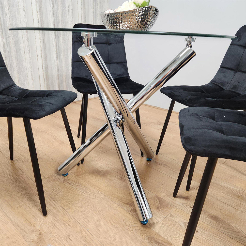 Portland 4 Seater Velvet Clear Glass Round Dining Set Black Image 3