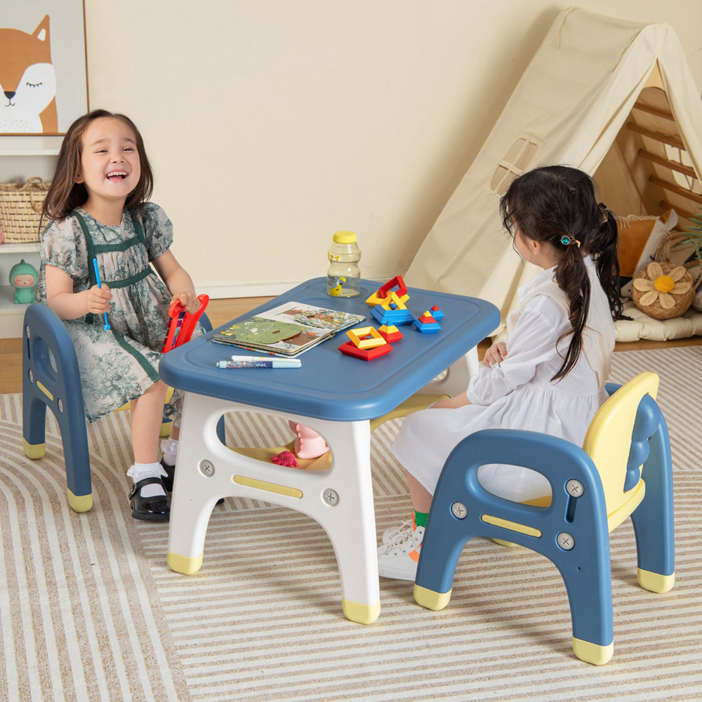 Costway 2 Seater Blue Kids Table and Chair Set with Shelf and Building Blocks Image 3