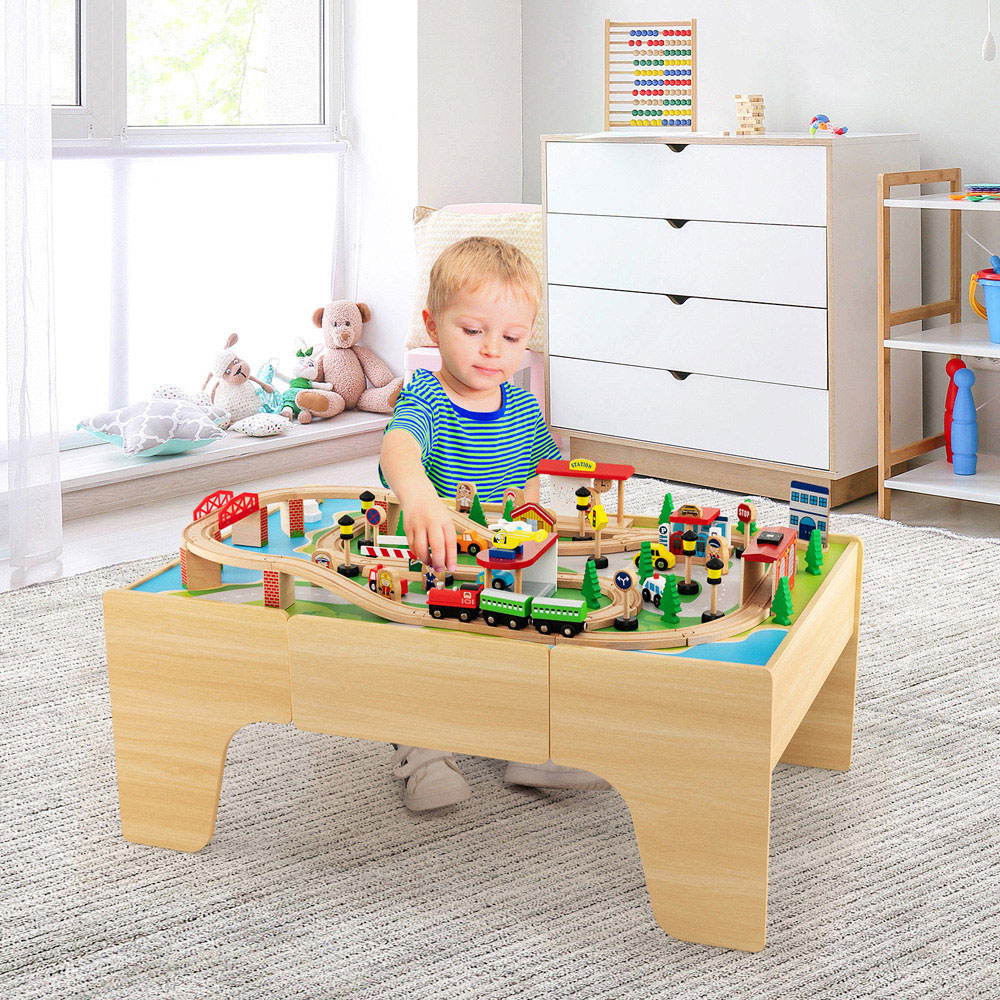 Costway Wooden Train Set with Reversible and Detachable Tabletop 84 Piece Image 4