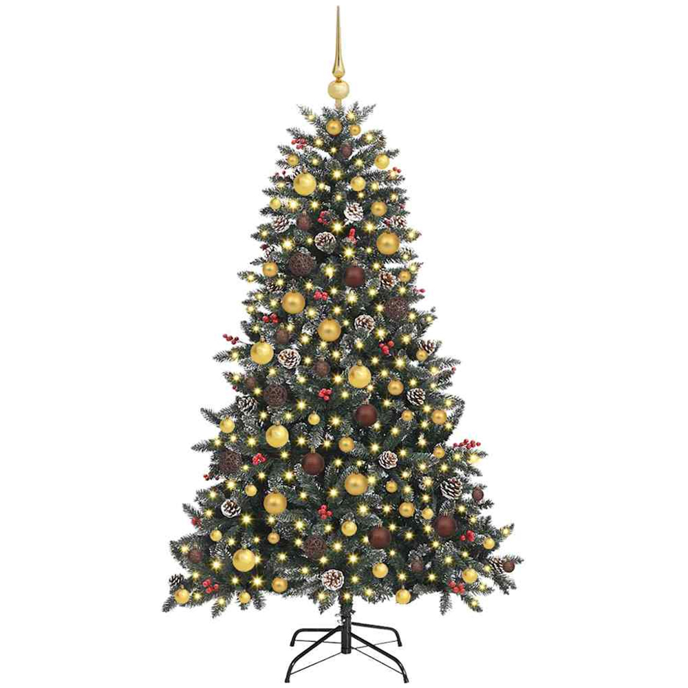 vidaXL Pre-Lit Gold Bronze Baubles and Pinecones Green Artificial Snow Tipped Christmas Tree 6ft Image 1
