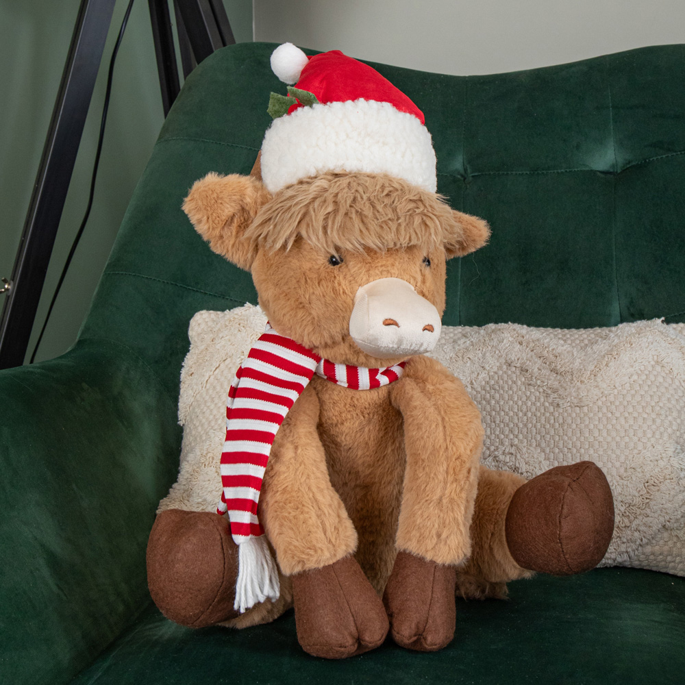 Samuel Alexander Plush Tall Sitting Christmas Highland Boy Cow with Santa Hat 36cm Image 3