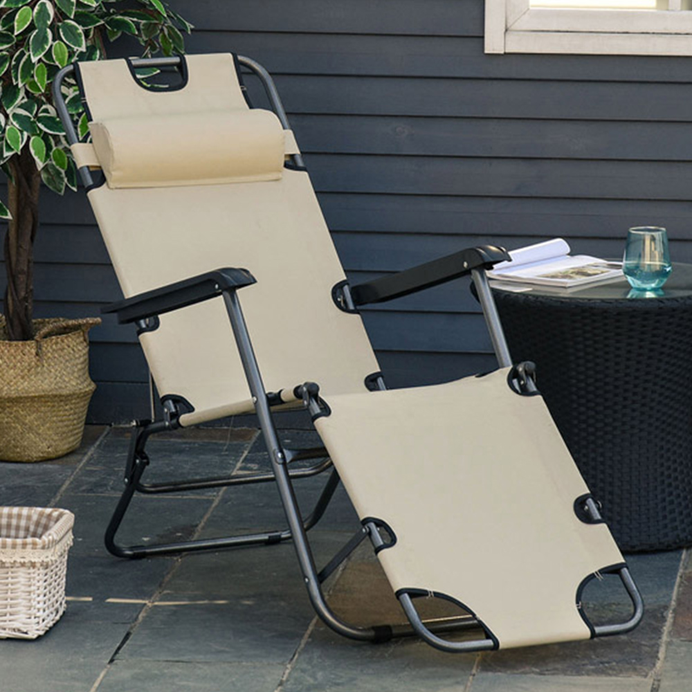 Outsunny 2 in 1 Beige Folding Recliner Chair and Sun Lounger Image 1