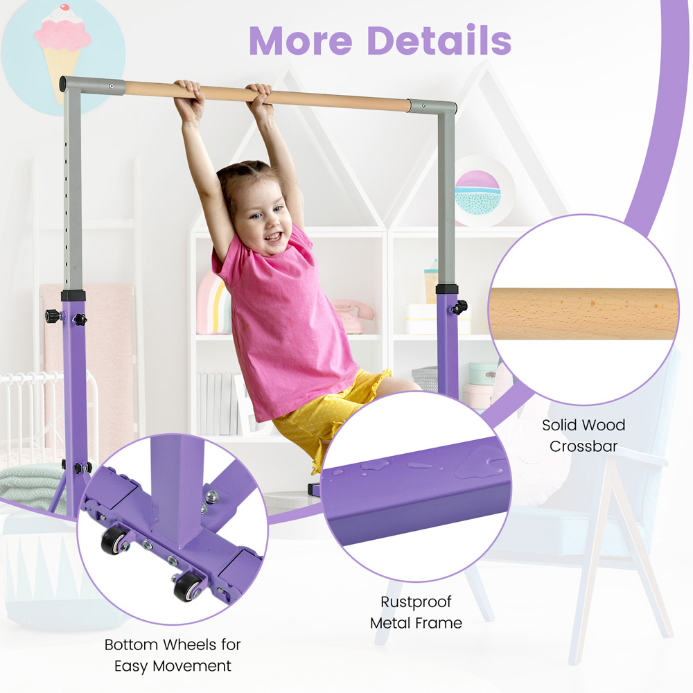 Costway Purple Kids Height Adjustable Foldable Gymnastics Bar Image 6