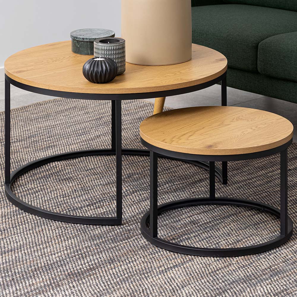 Florence Spiro Oak and Black Round Nest of Tables Set of 2 Image 1