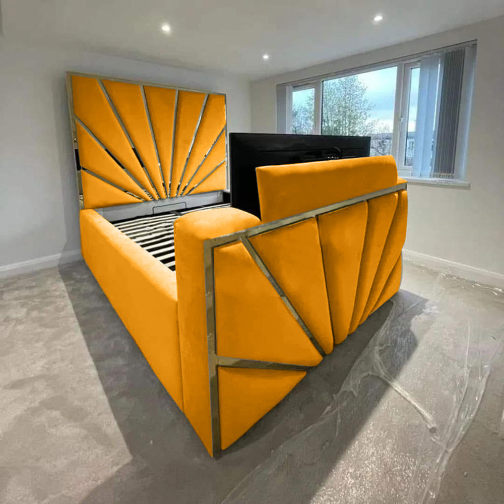Eleganza Home Leniva Double Mustard Plush TV Bed Frame with Headboard and Footboard Image 3