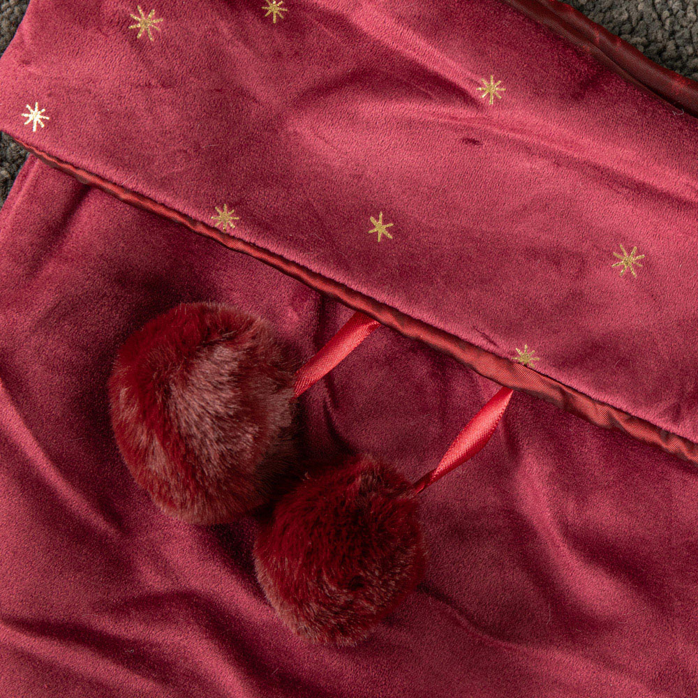 Samuel Alexander Burgundy Velour Star Print Christmas Stocking with Pom Poms 70cm Image 4