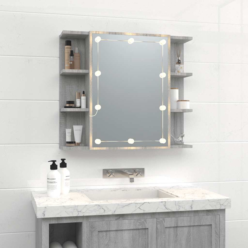 vidaXL Single Door 6 Shelf Grey Sonoma Wall Mounted Mirrored Bathroom Cabinet with LED Image 9