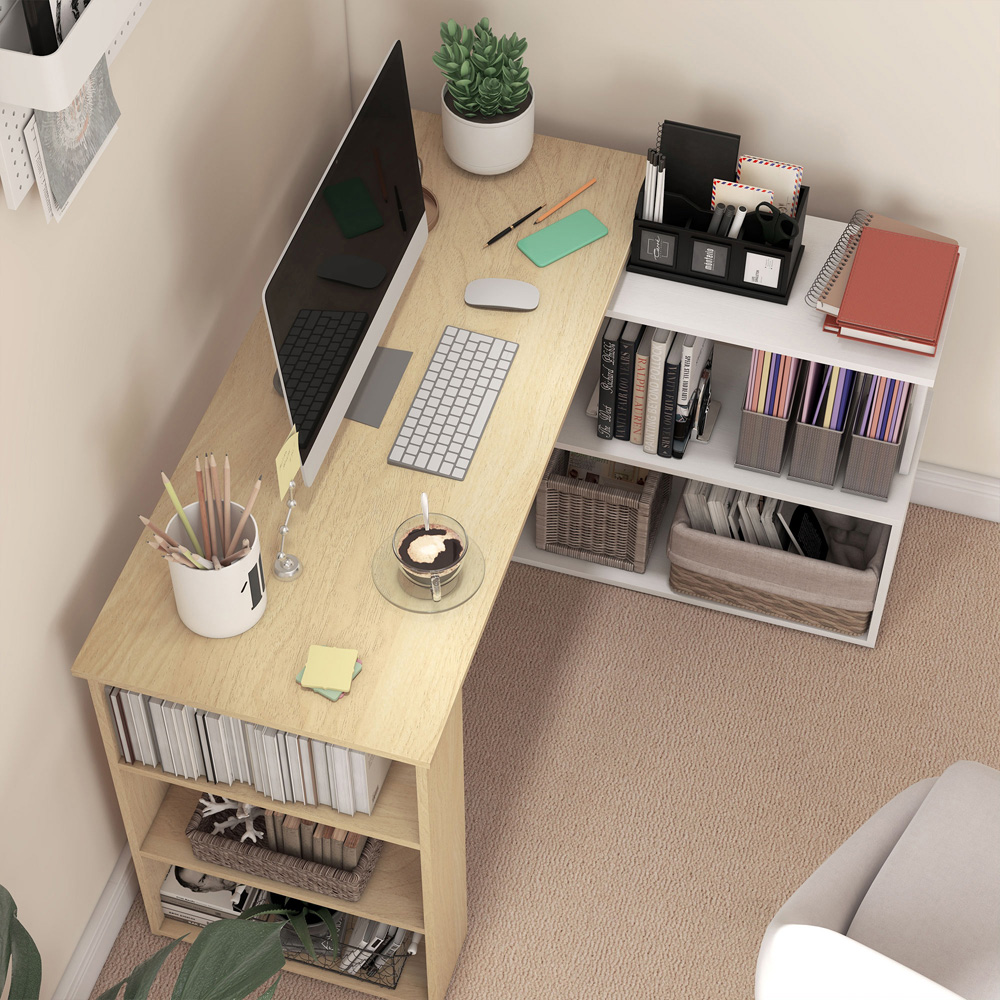 HOMCOM 5 Shelf Rotatable L-Shaped Corner Desk Natural and White Image 5
