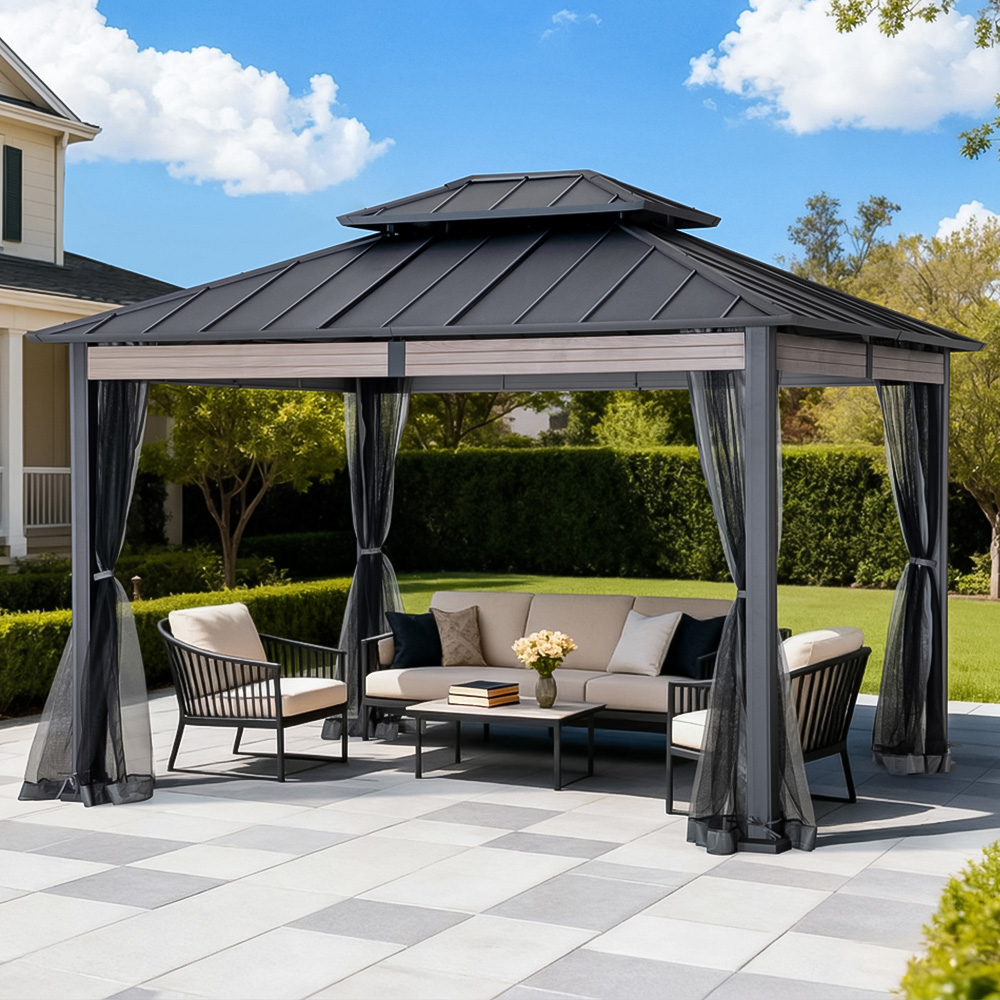 Sunjoy 3.6 x 3m Heavy-Duty Hardtop Gazebo with Mosquito Netting and Wood-Look Beams Image 1