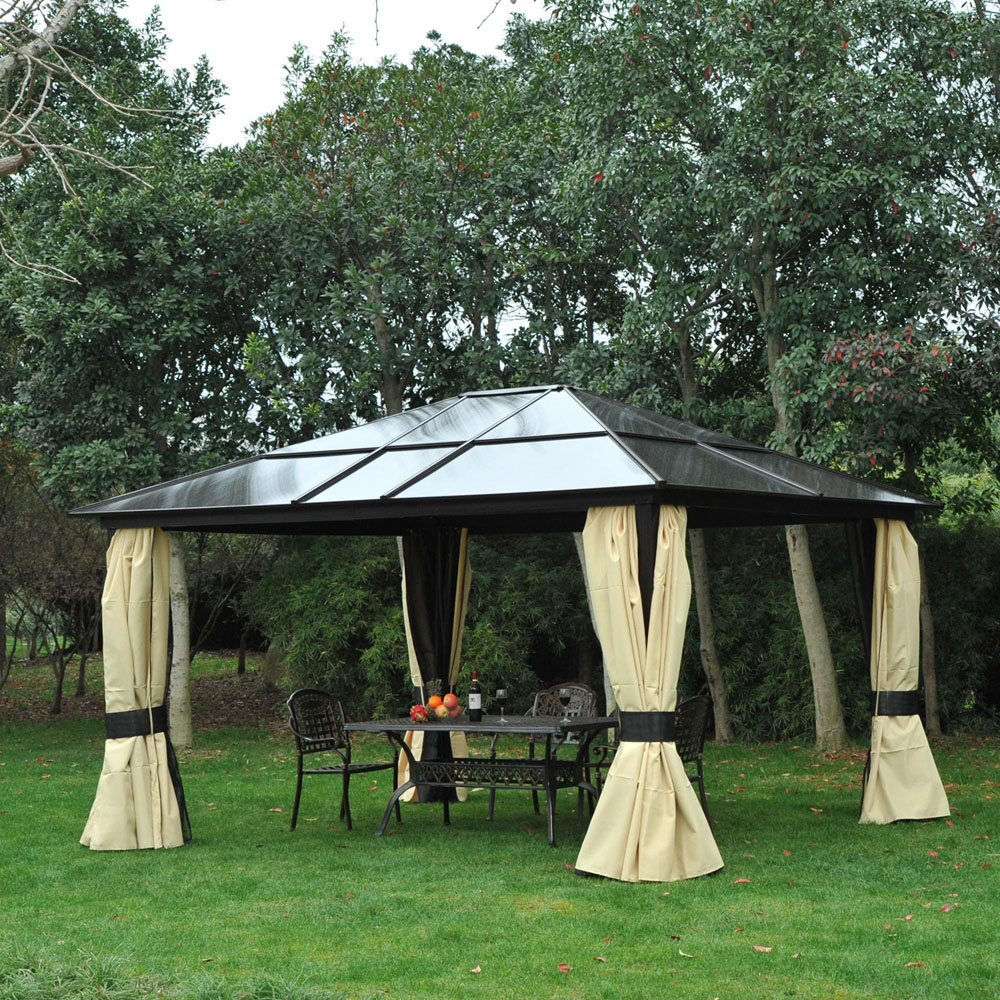 Outsunny 4.2 x 3.6cm Black Hardtop Gazebo with Curtains Image 1