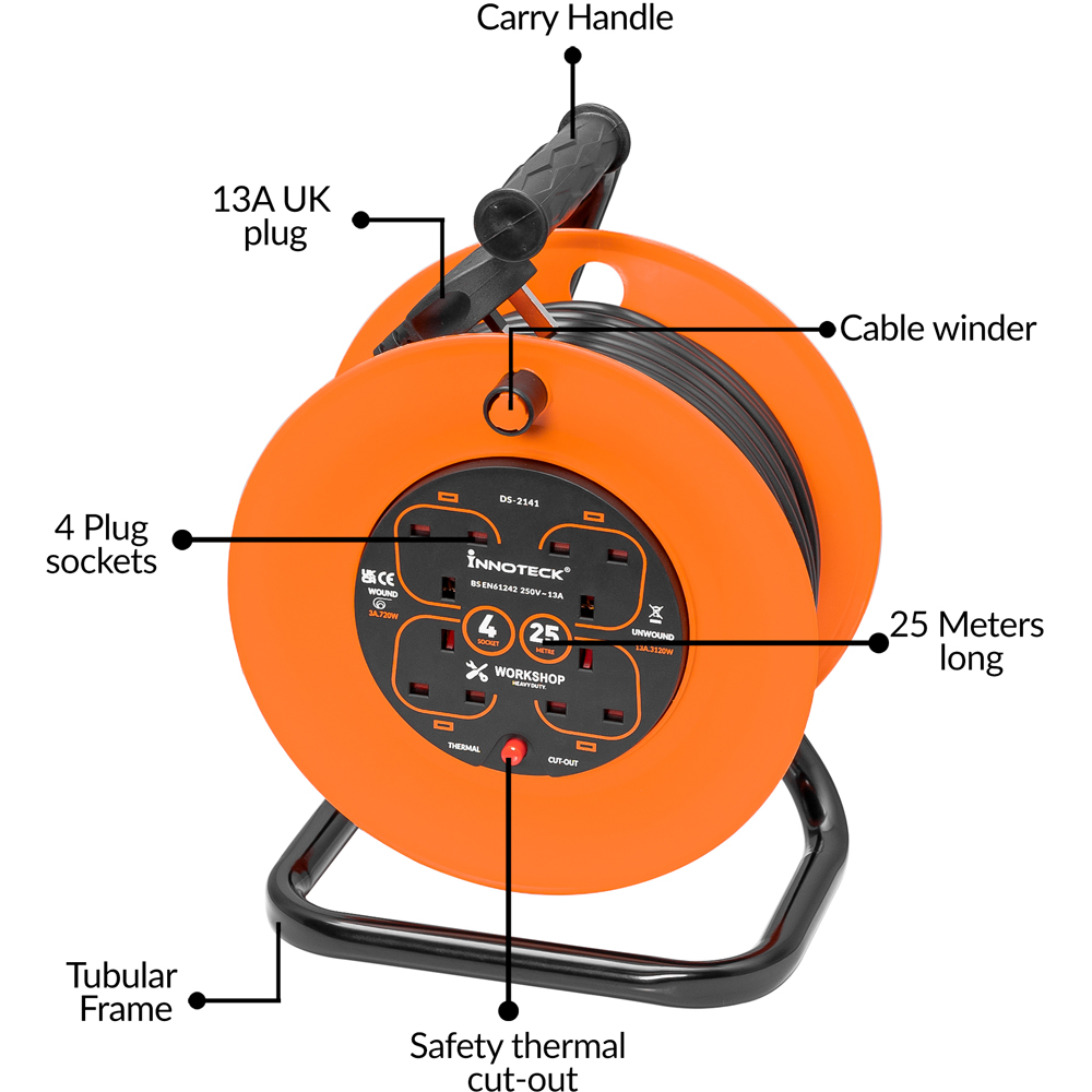 Innoteck 13A 4 Socket Cable Reel 25m Image 4