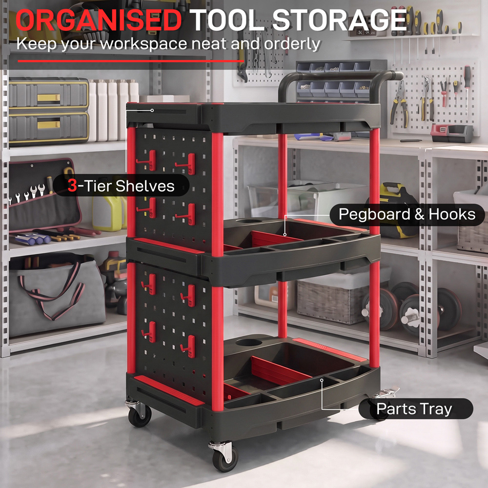 HOMCOM 3-Tier Black and Red Rolling Tool Cart with Pegboard and Hooks Image 7