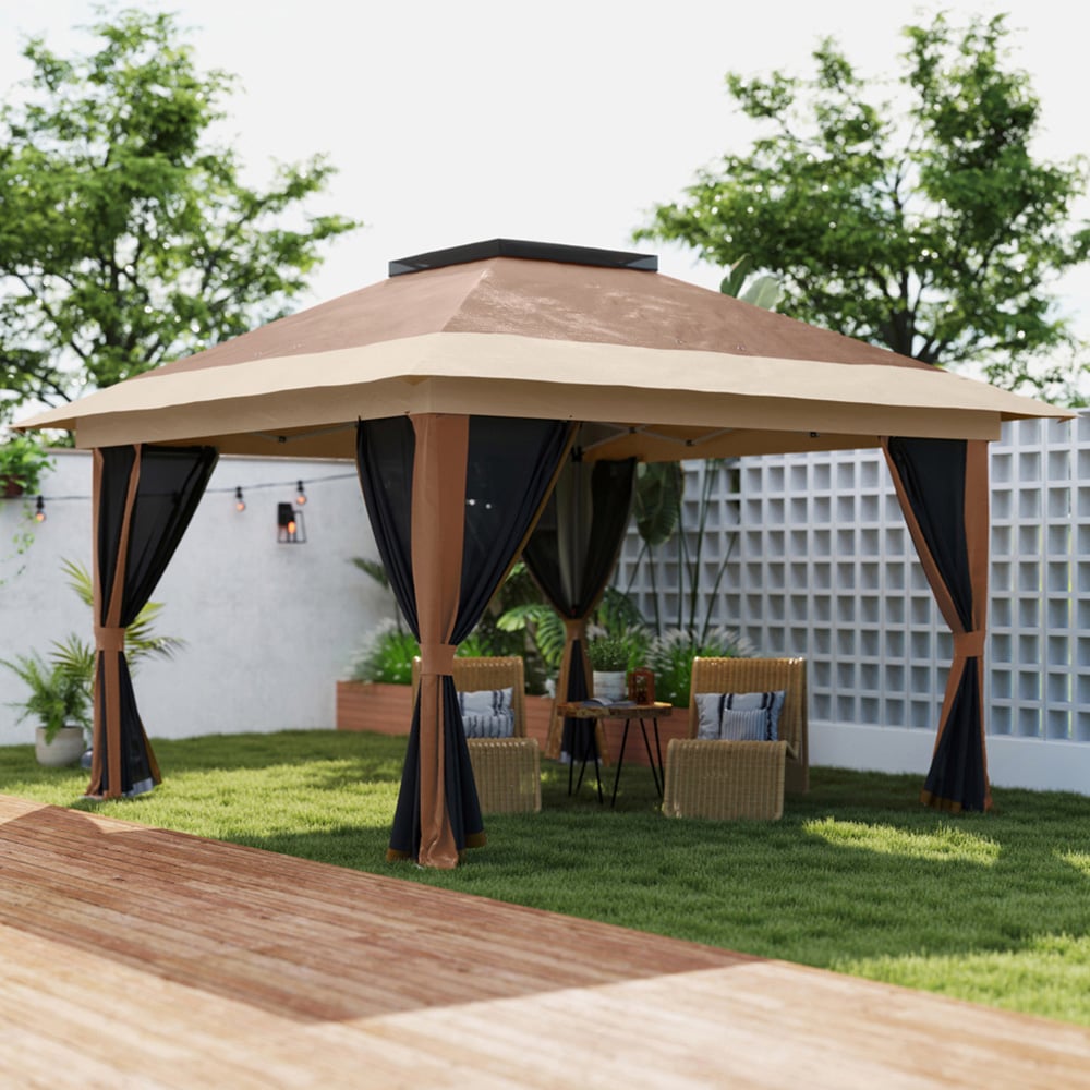 Outsunny 3.6 x 3.6m Brown Pop Up Gazebo with Netting and Wheeled Carry Bag Image 1