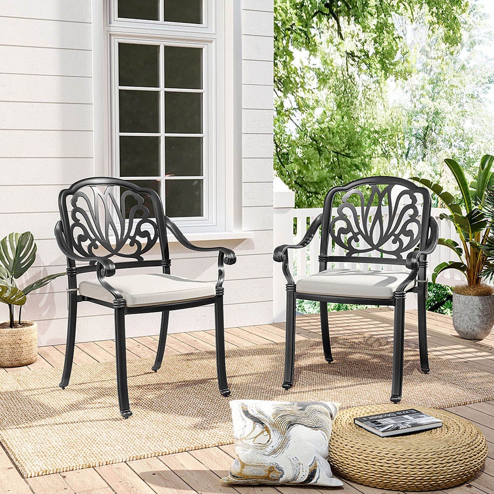 Living and Home Set of 2 Black Cast Aluminium Chairs with Cushions Image 7