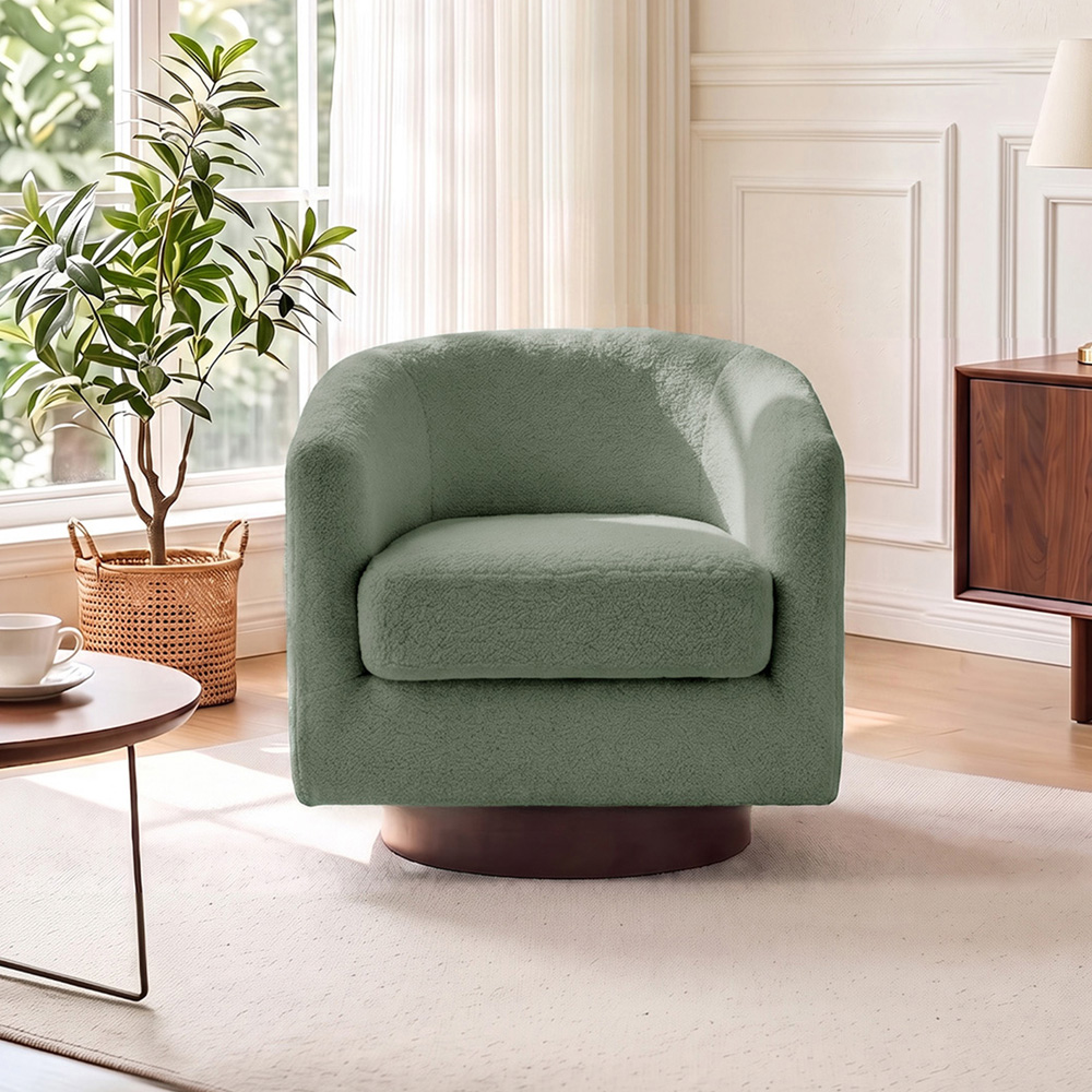 Living and Home Green Sherpa Fleece Ribbed Curved Barrel Swivel Armchair Image 7