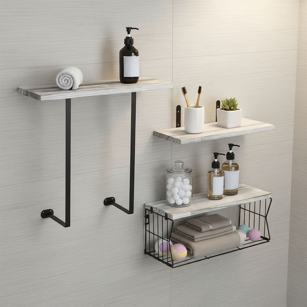 Living and Home 3 Piece White Floating Shelf with Wire Basket Image 7
