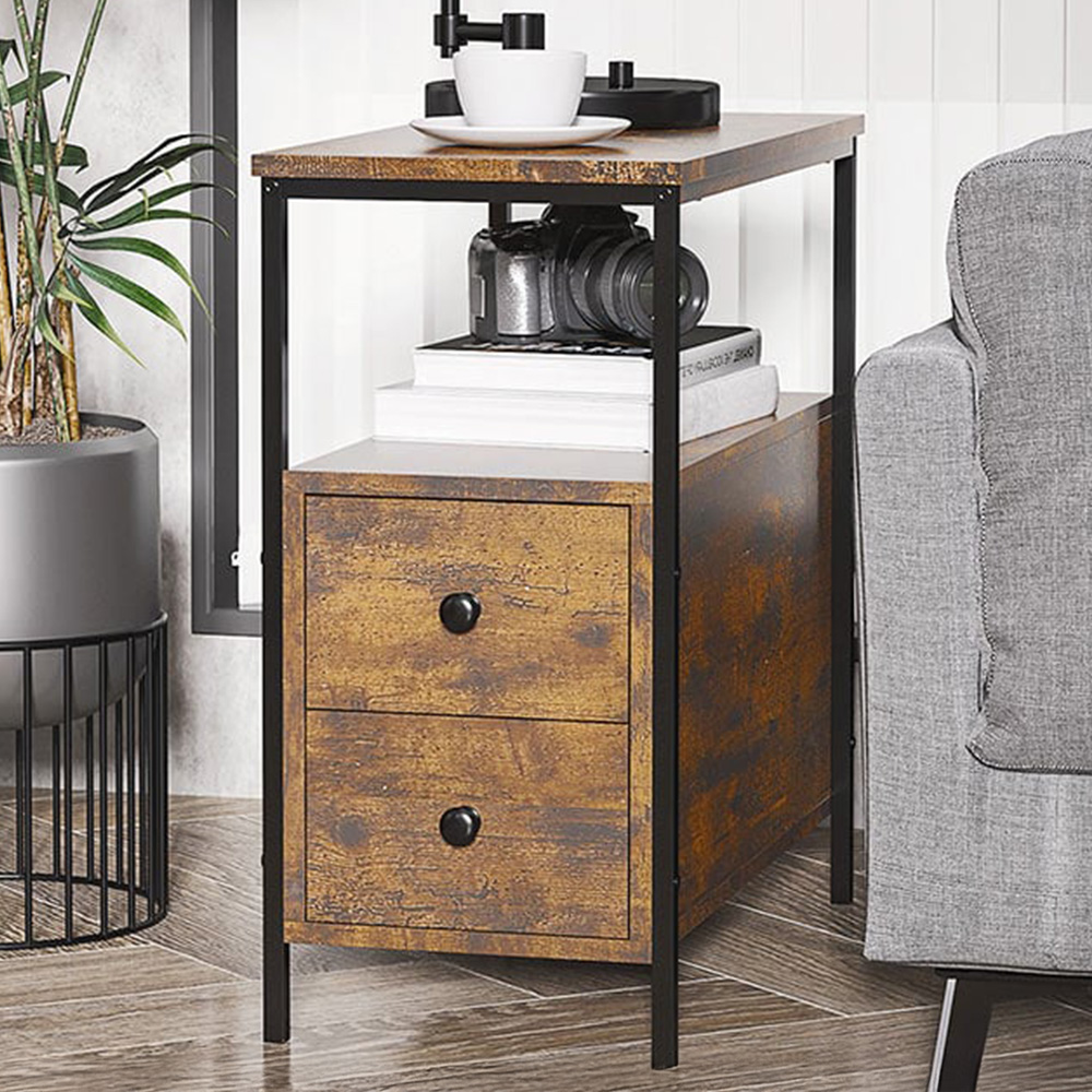 Portland 2 Drawer Rustic Brown Side Table Image 1