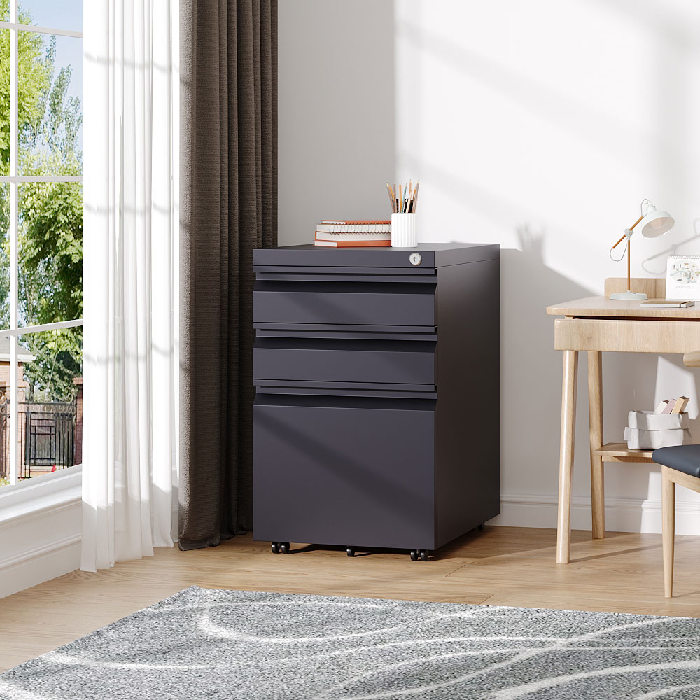 H&O Direct 3 Drawer Metal Filing Cabinet with Lockable Castor Wheels Image 5