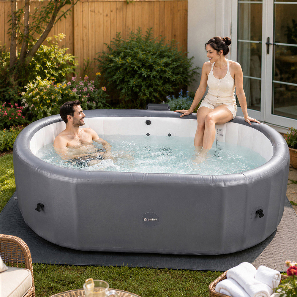 Living and Home 4 Person Grey Inflatable Hot Tub with Bubble Massage Image 3
