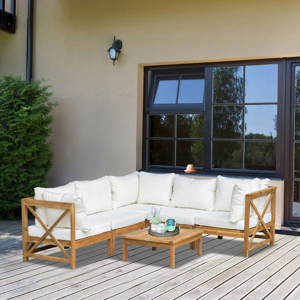 Outsunny 4 Seater Cream White Acacia Wood Garden Sofa Set Image 7