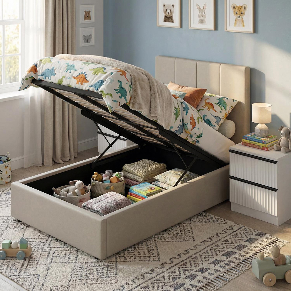 FWStyle Hoscar Single Beige Upholstered Lift-Up Ottoman Bed Frame with Ribbed Headboard Image 2