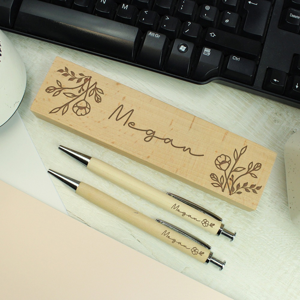 Personalised Memento Wooden Floral Personalised Pen and Pencil Set Image 2