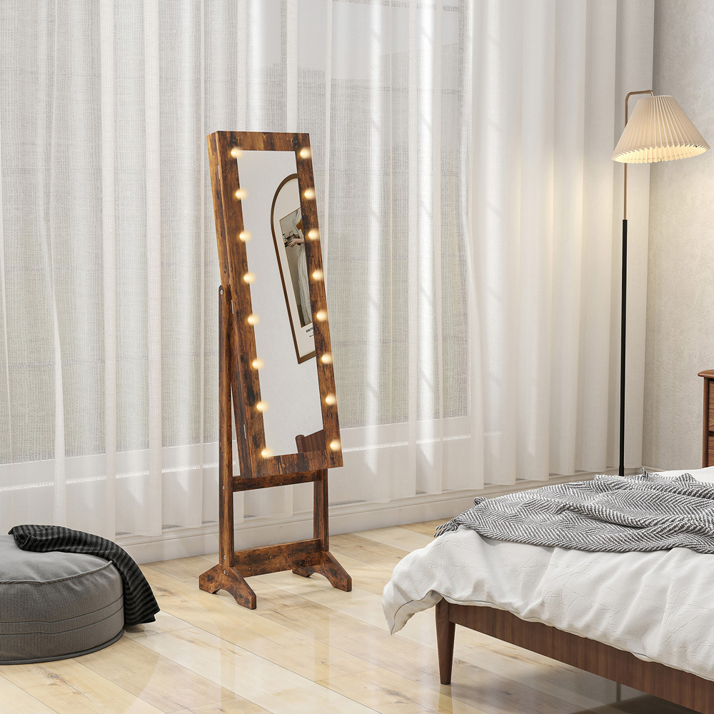 HOMCOM Rustic Brown Freestanding LED Mirrored Jewellery Cabinet Image 4