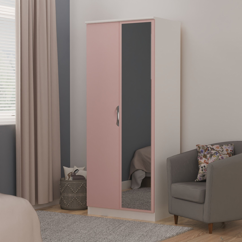 Crowndale Camden 2 Door Kobe Pink and White Wardrobe with Mirror Door Ready Assembled Image 7