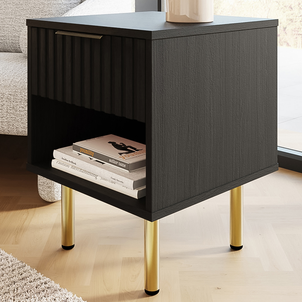 GFW Nervata Single Drawer Single Shelf Black Lamp Table Image 1