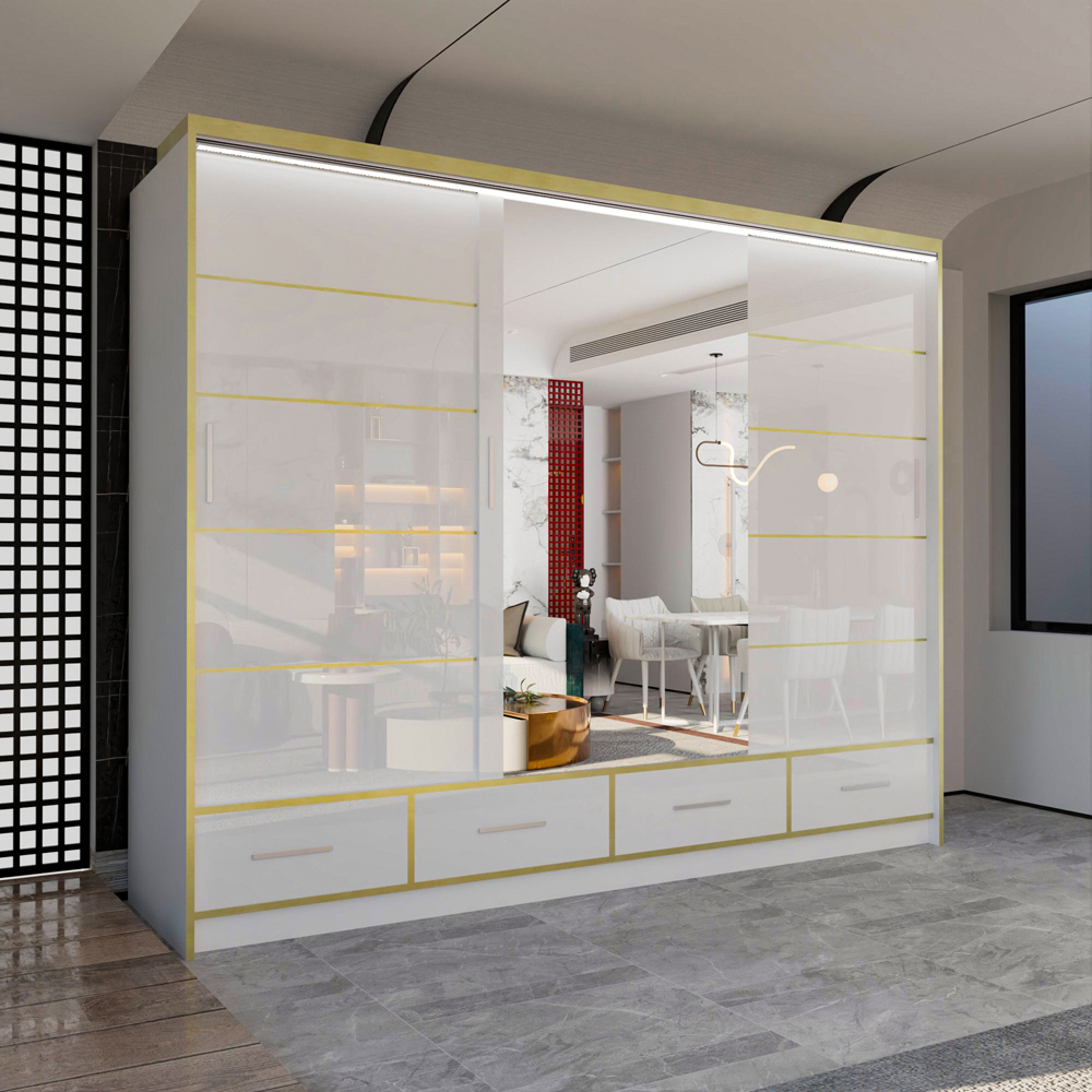 M N Furniture Silora 3 Door 4 Drawer White and Gold High Gloss Mirrored Sliding Wardrobe 253cm Image 4