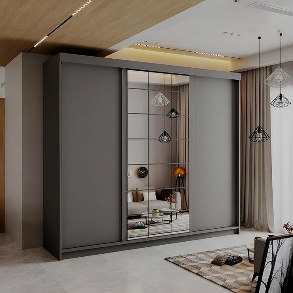 Sliding Wardrobes 4U 2 Sliding Door Grey Modern Central Grid Mirrored Wardrobe Image 3